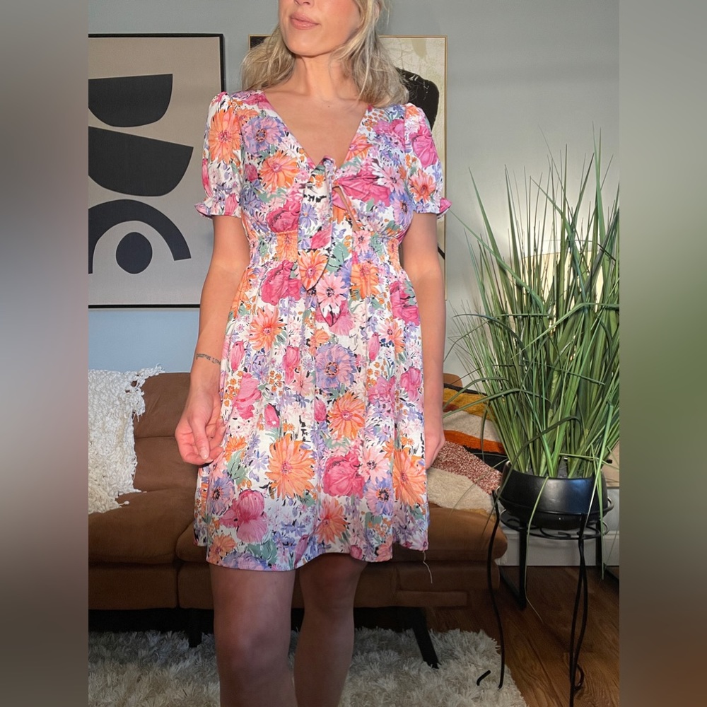 Puff sleeve tie front shirred waist floral dress